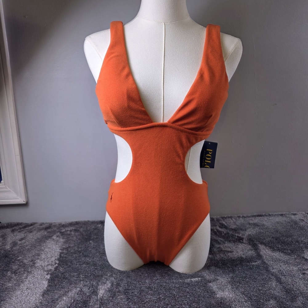Polo Ralph Lauren Cutout V Neck One Piece Swimsuit Orange Terry Cloth Size XS